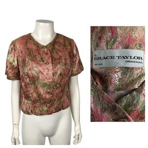 1950s Pink Metallic Paisley Print Button Up Crop Top Blouse / Women's Medium
